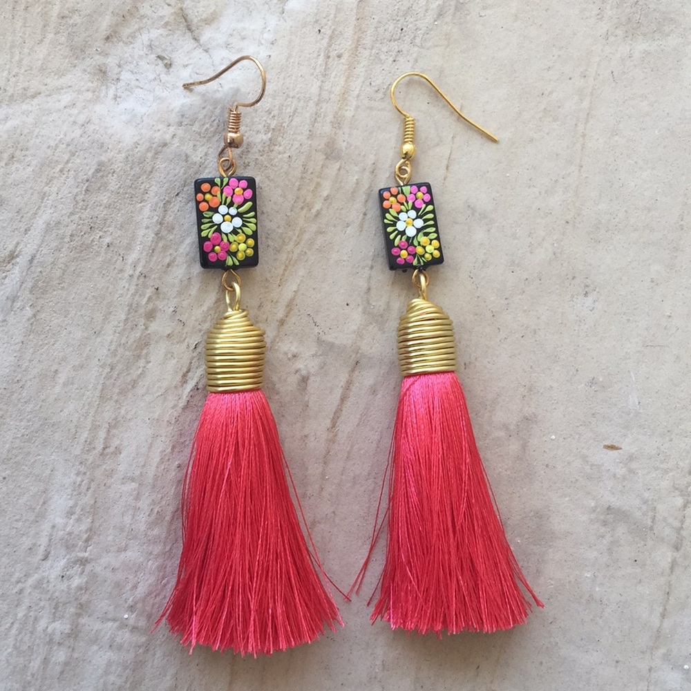 Mexican hand painted 3” long earrings with tassels